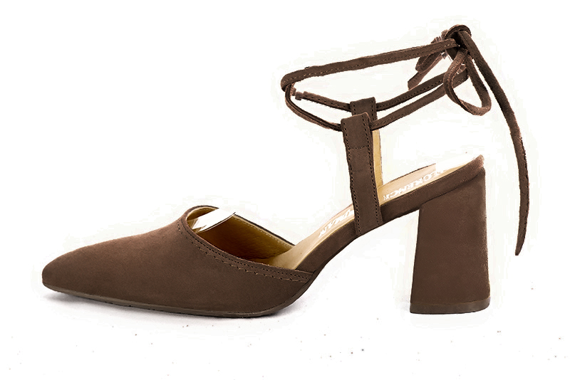 Chocolate brown women's open back shoes, with crossed straps. Tapered toe. High flare heels. Profile view - Florence KOOIJMAN